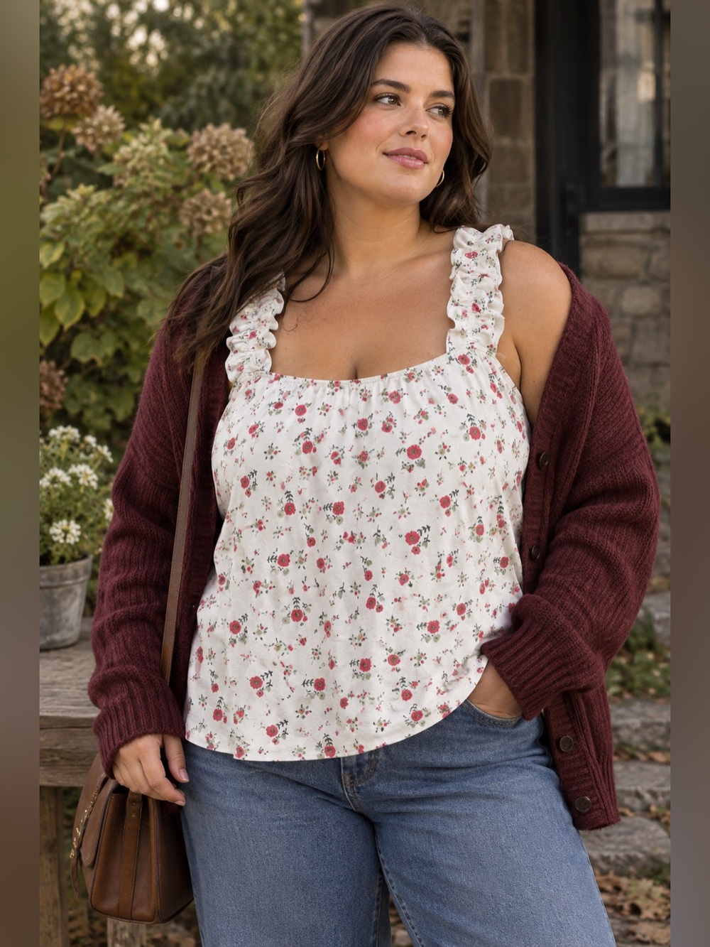 White Birch Ivory Floral Ruffle Sleeve Knit Top | Size XL